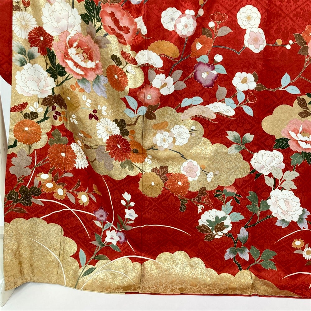 振袖フルセット 身丈156裄65 金彩 赤茶 グレー 金駒刺繍 逸品 中古）色留袖 グレー フォーマル 金駒刺繍 金彩 友禅 四季花 流水紋 和