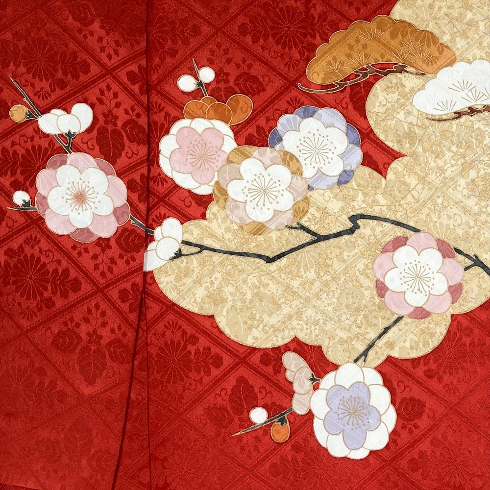 中古） 振袖 朱赤 フォーマル 金彩 花 金駒刺繍 袷 絹【身丈】165cm