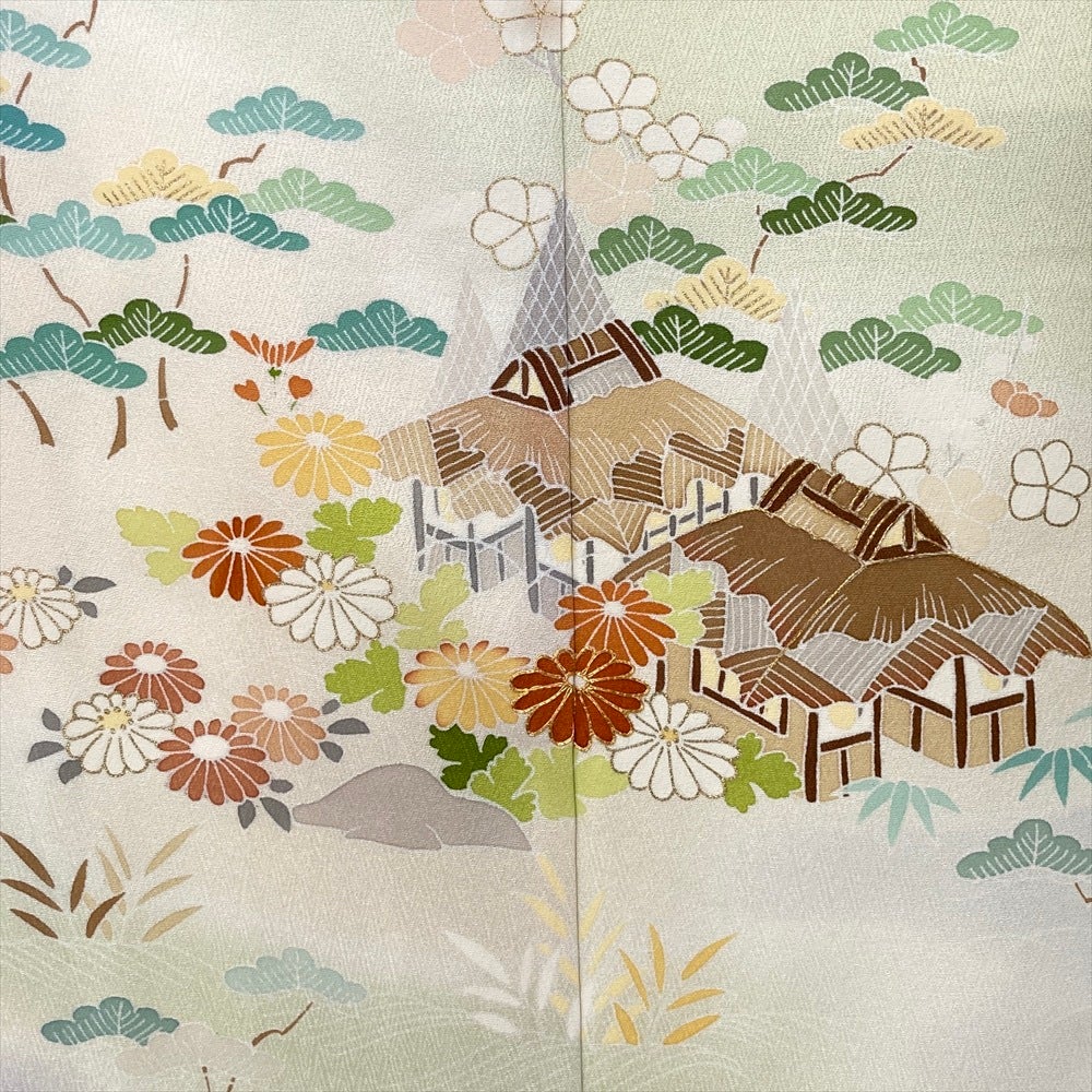 中古） 訪問着 薄黄緑 フォーマル 家 菊 松 千總 金駒刺繡 袷 絹