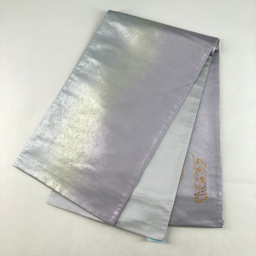 帯 袋帯 六通柄 紫系 縞模様 魚 長さ 約428cm 中古 和装 苫小牧西店 リサイクル着物】袋帯 小紫色 市松模様 438cm 正絹 Aランク 六通 セミ
