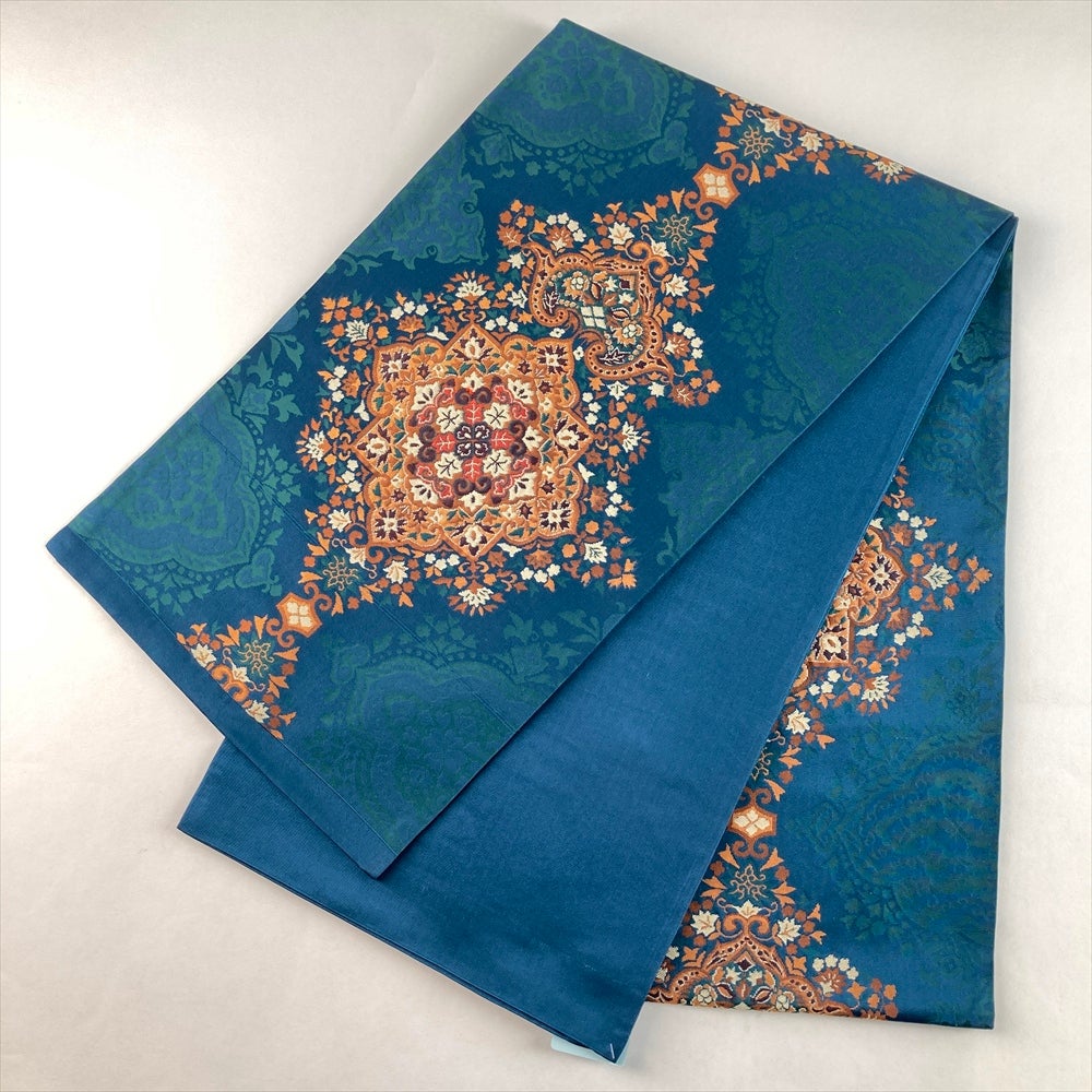 中古）袋帯 青 カジュアル 六通 織り 華紋 オリエンタル 絹