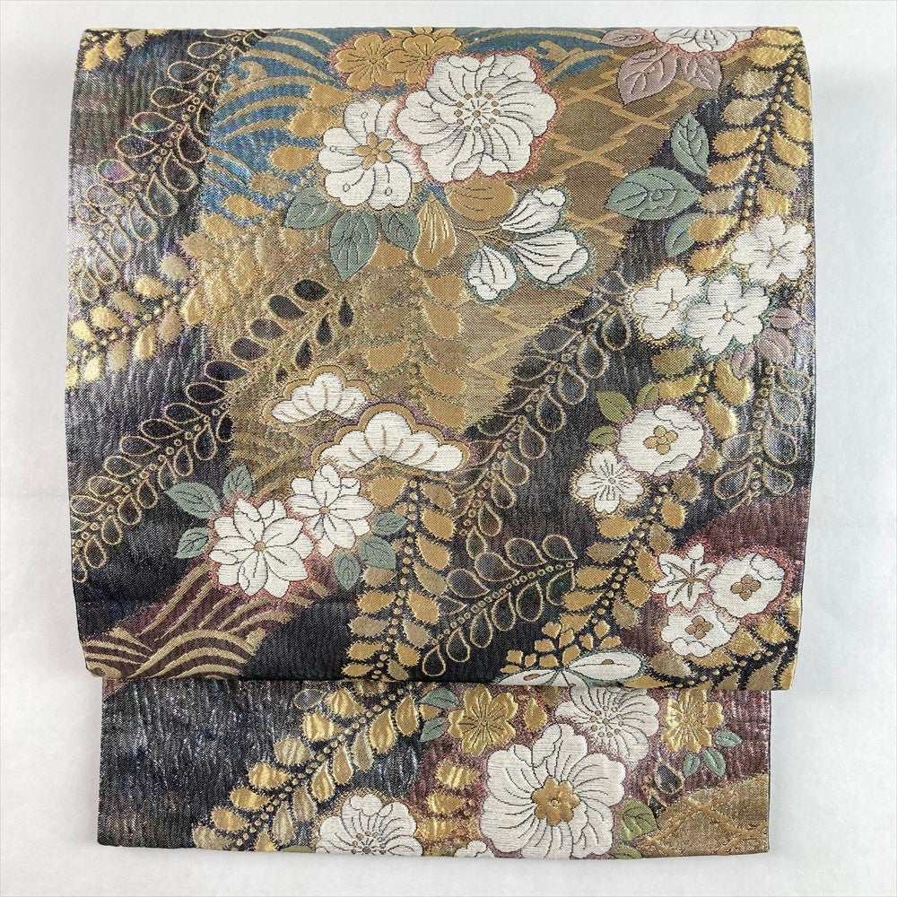 振袖にも正絹辻が花六通袋帯未使用品最終値下げ 袋帯 秀品 振袖向き 辻が花柄 松皮菱 箔 金銀糸 金色 六通 正絹 中古