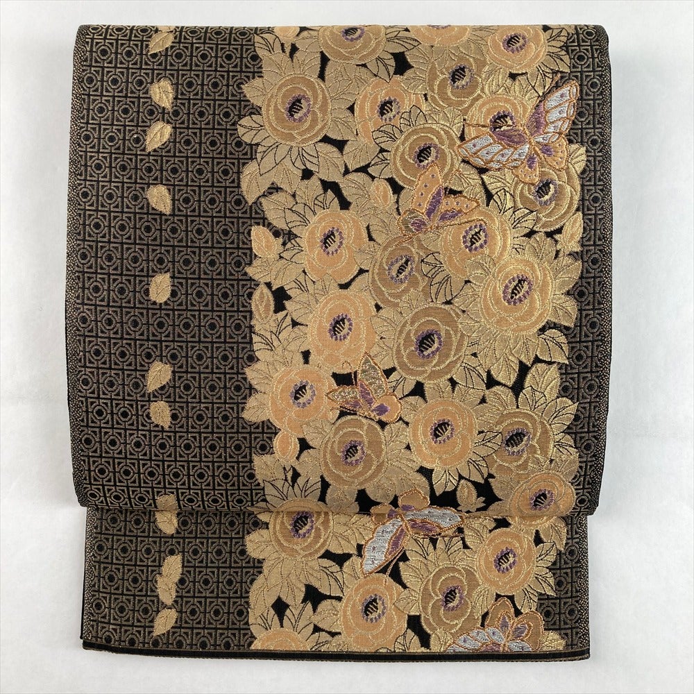 袋帯 正絹 金糸 萩と花に蝶々文様 金色ｘ多色 六通柄 フォーマル 礼装 長さ432cm【中古】 【キモノオフ野々市若松店】 袋帯 本金二重箔 扇面花鳥 文六通柄 良品 フォーマル用 正絹 古典柄 箔