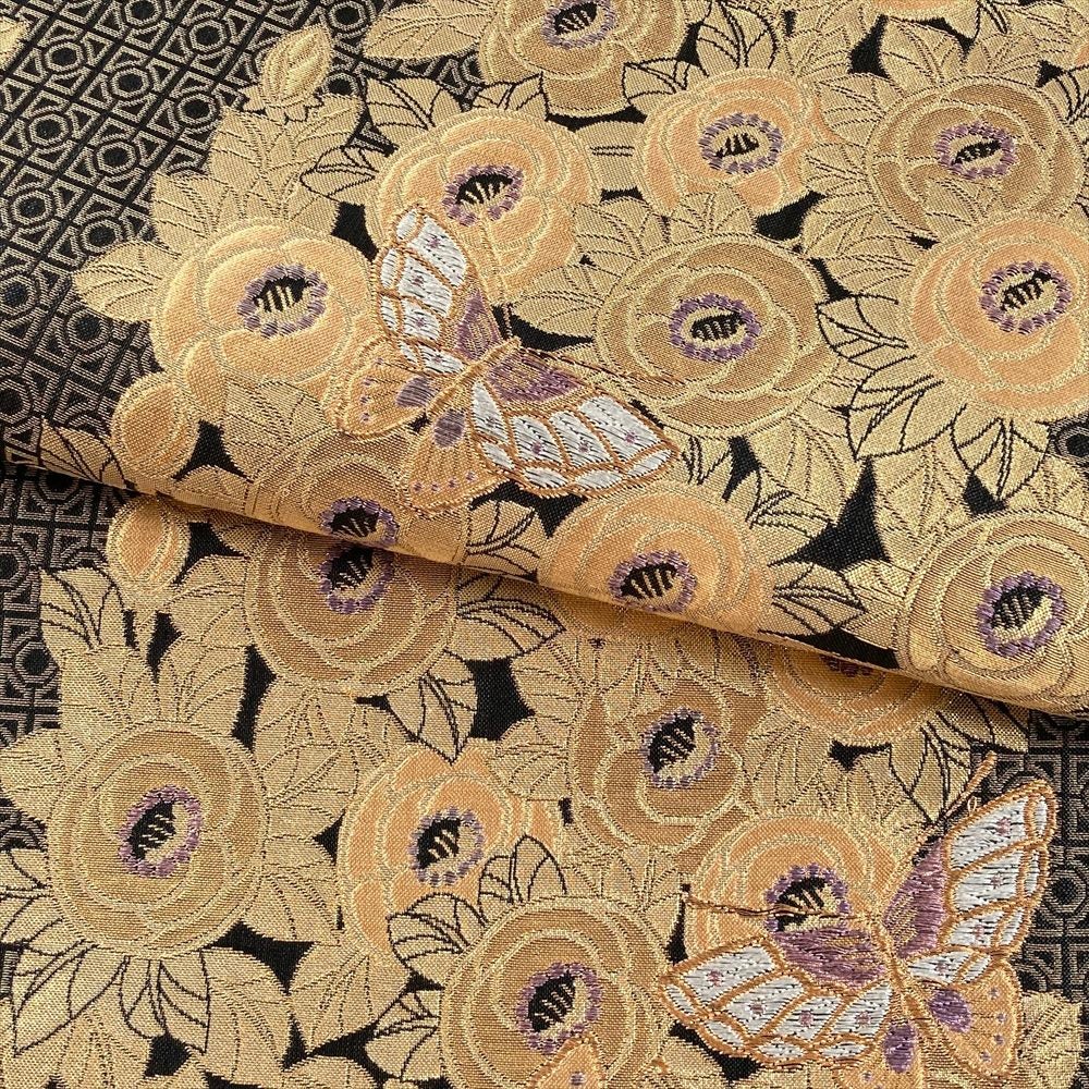 中古）袋帯 黒 金 フォーマル 六通 織り 花 蝶 幾何学 絹