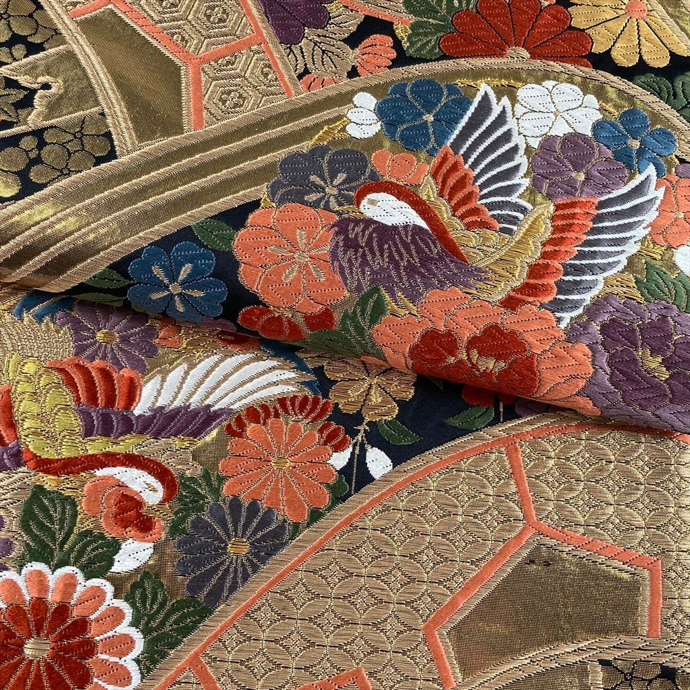 中古）振袖用袋帯 黒 金 フォーマル 六通 織り 慶長柄 花鳥 絹