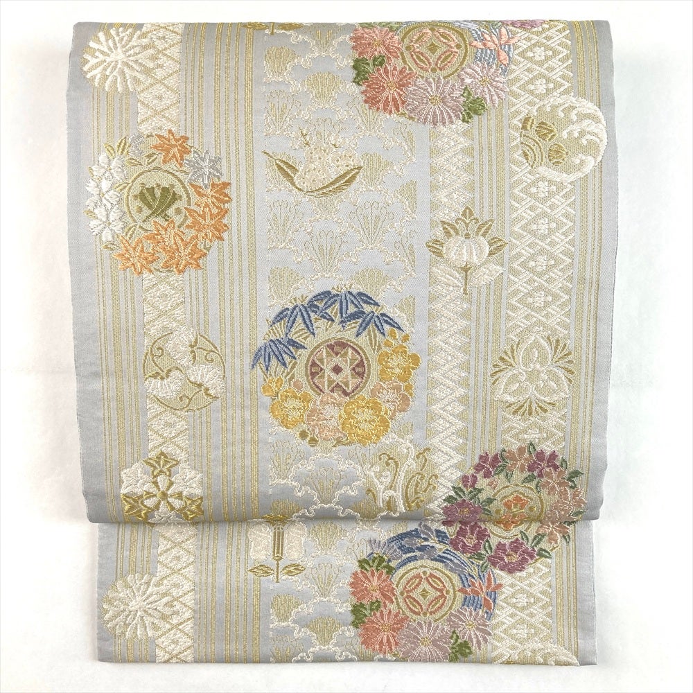 中古）袋帯 オレンジ カジュアル 六通 織り 幾何学模様 壁画調 絹