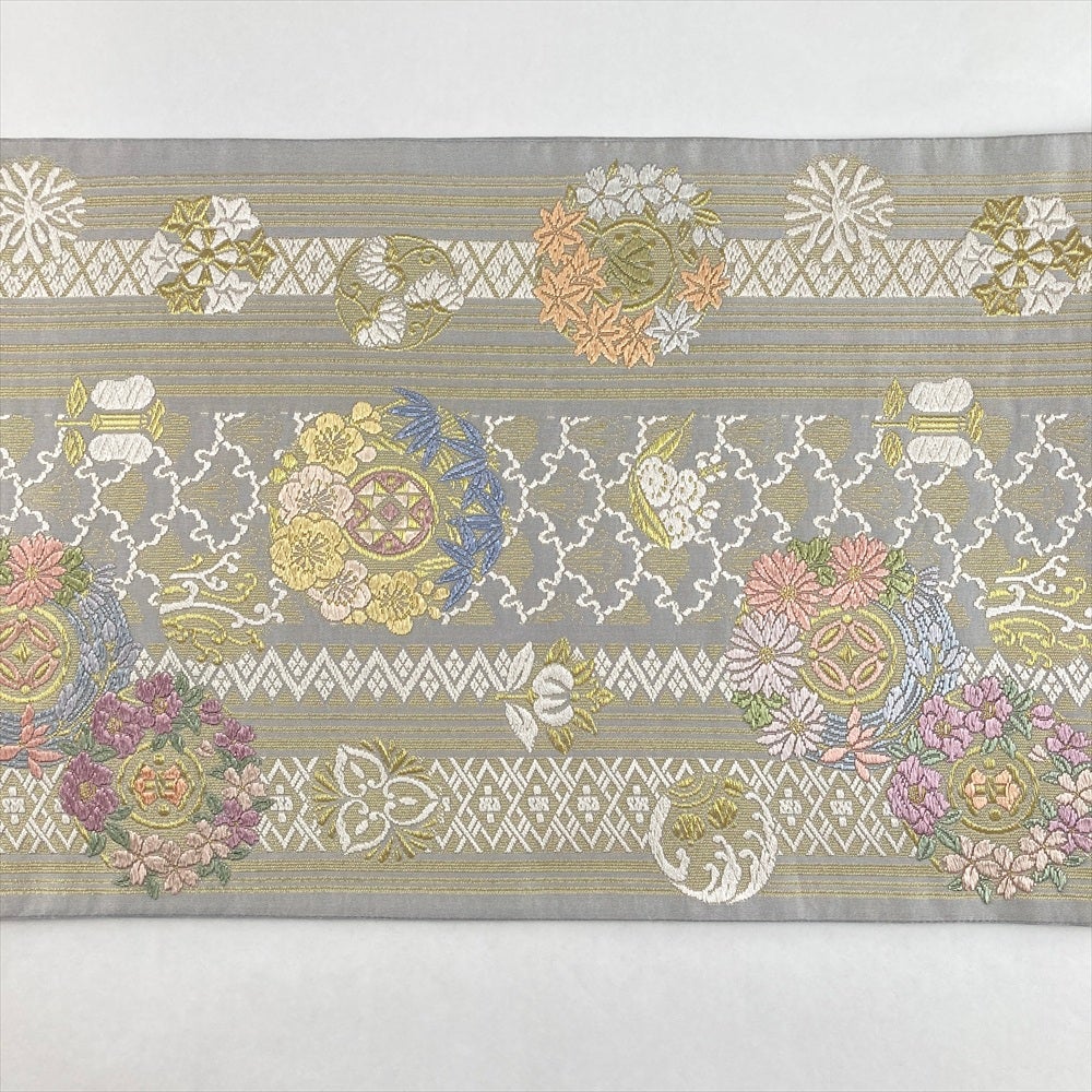 雪の結晶模様　つづれ 袋帯　茶　お値下 中古）袋帯 薄グレー フォーマル セミフォーマル 六通 織り 献上柄 花