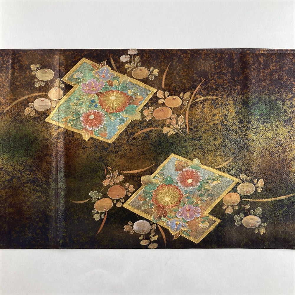 【袋帯】花菱 松 紅葉☆ 札幌市 豊平区 平岸 中古）袋帯 こげ茶 フォーマル 六通 染め 松菱 四季花 螺鈿細工 丸菊