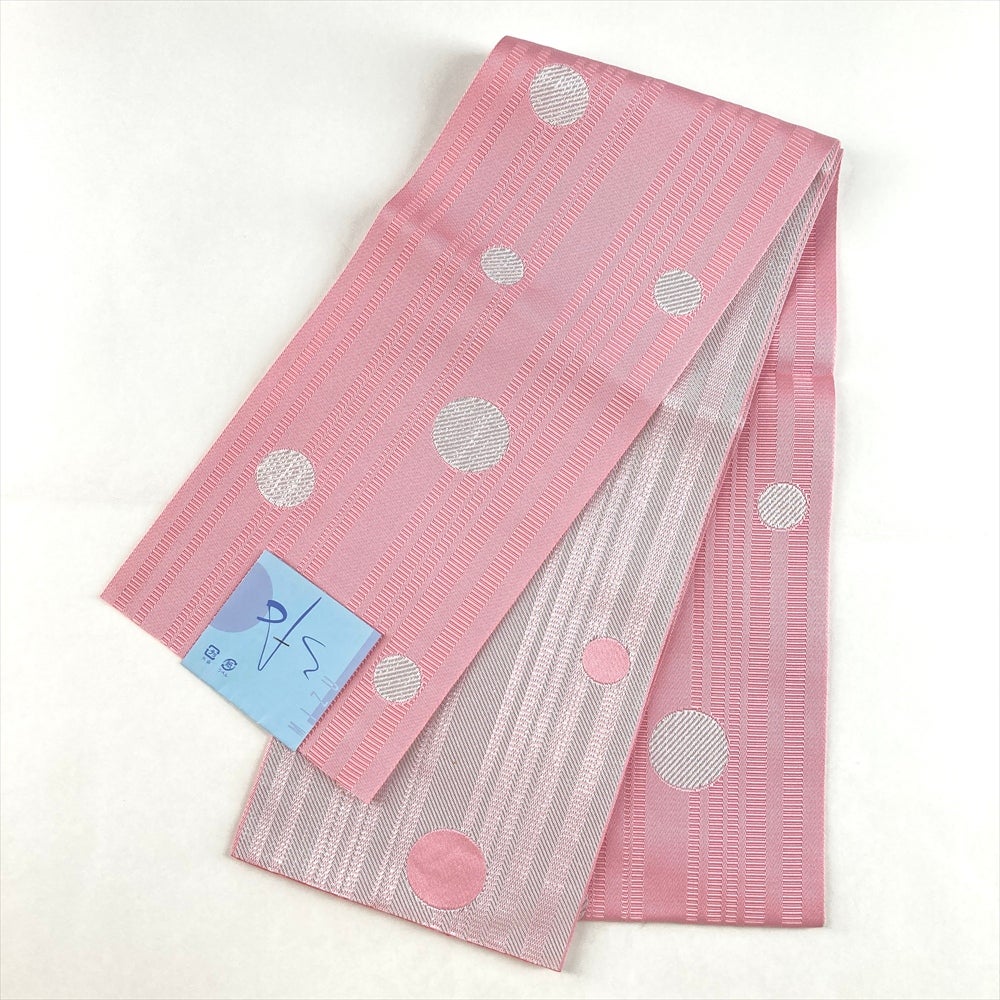 中古）半幅帯 ピンク カジュアル 織り 水玉 ポリエステル 未洗い