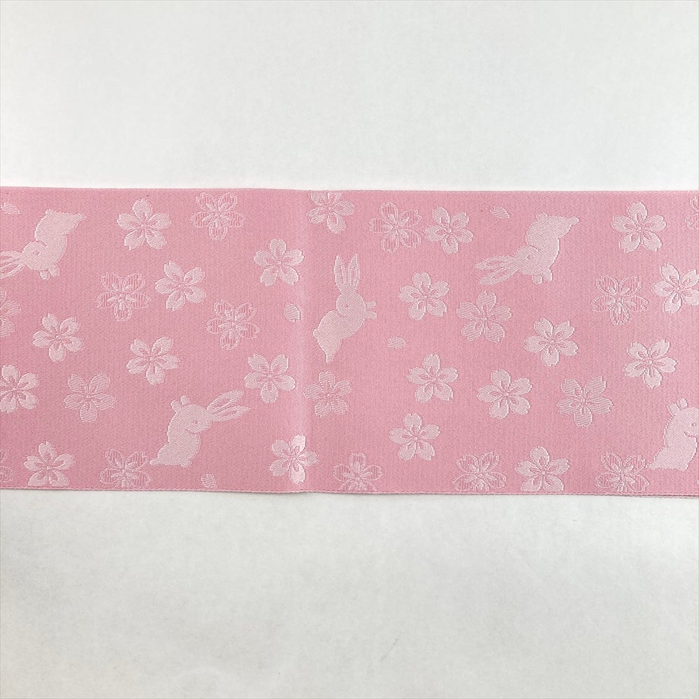 中古）半幅帯 ピンク カジュアル 織り 兎 うさぎ 桜 ポリエステル 未洗い