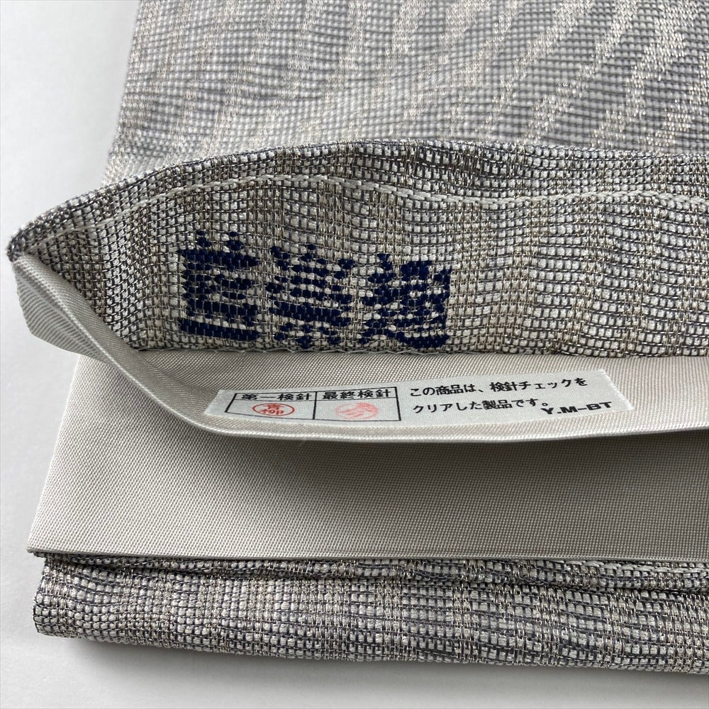 中古）袋帯 銀 カジュアル 六通 織り 銀糸 抽象柄 絹