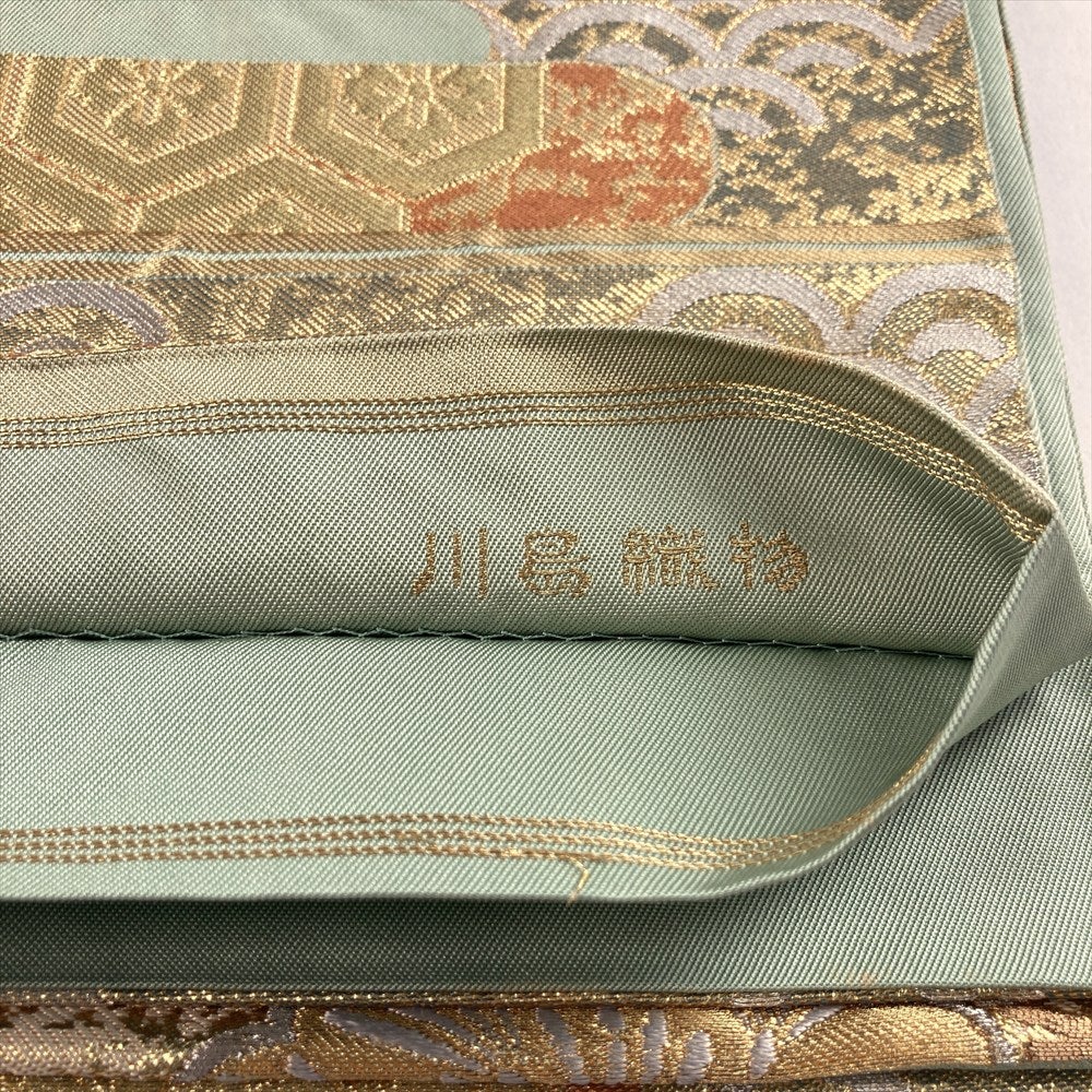 【美品】六通柄袋帯　幾何学文　色無地　小紋　付け下げ　紬　セミフォーマル　お稽古 中古）袋帯 グレー セミフォーマル フォーマル 六通 織り 引き箔 華文