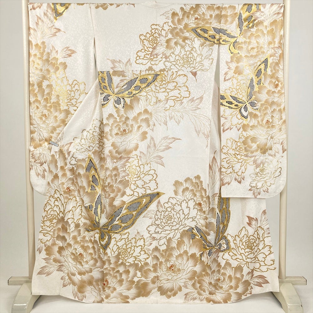 中古） 振袖 白 フォーマル 牡丹 蝶 金彩 ラメ 袷 絹【身丈】159cm【裄