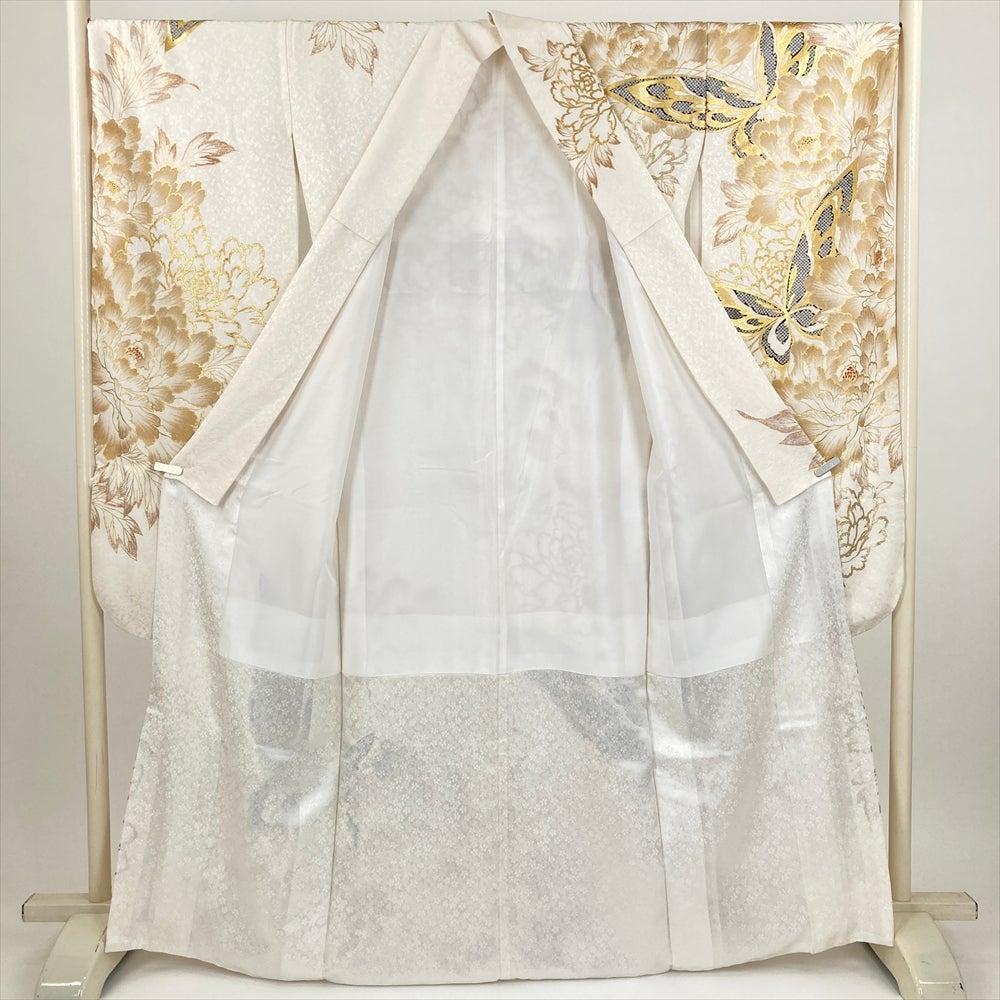 中古） 振袖 白 フォーマル 牡丹 蝶 金彩 ラメ 袷 絹【身丈】159cm【裄
