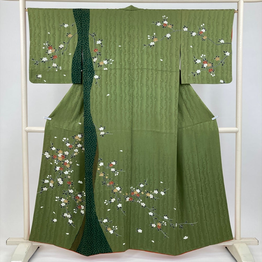 訪問着 着物 袷 金彩加工 地紙 草花 正絹 絹 裄67 Ｍ 中古 sn1746 訪問着 着物 正絹 袷 アイボリー レトロ柄 橘 捻梅 地紋 金駒刺繍 金彩