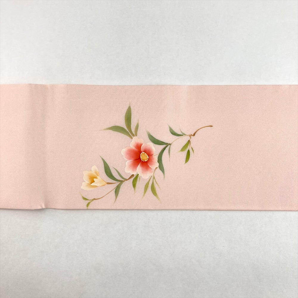 中古）名古屋帯 薄ピンク カジュアル 名古屋仕立て 染め 花友禅模様 絹