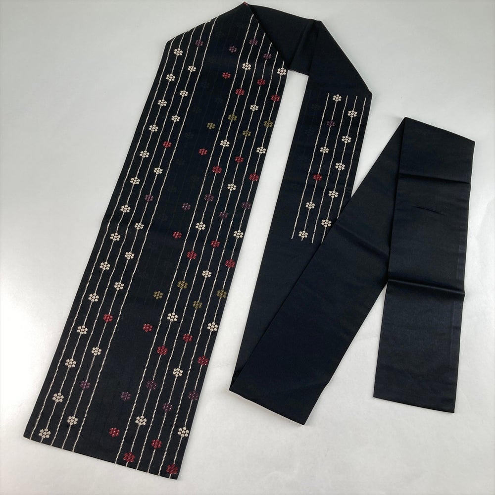 中古）名古屋帯 黒 カジュアル 名古屋仕立て 織り 縦縞 小花 絹