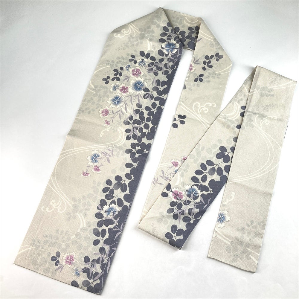中古）名古屋帯 薄グレー カジュアル 名古屋仕立て 染め なでしこ 草花 絹