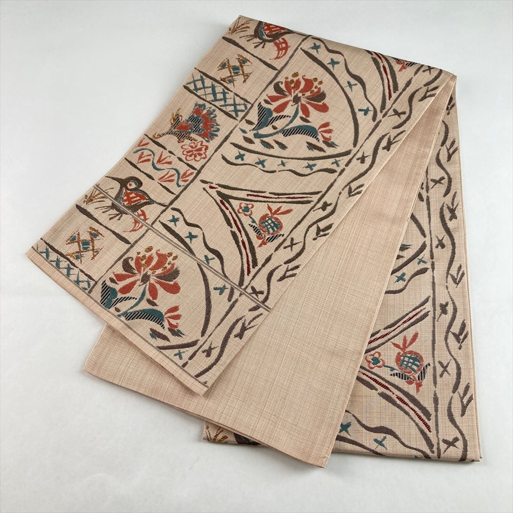 中古）袋帯 白茶 薄ベージュ カジュアル 六通 織り 花 鳥 石摺唐糸 絹