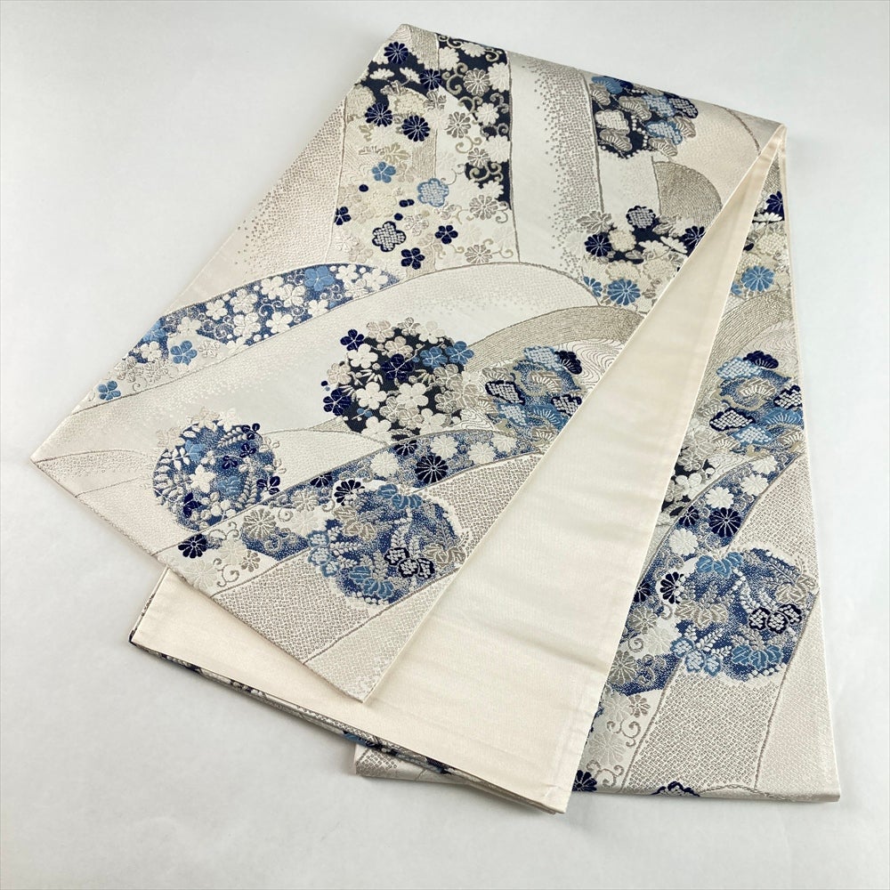 中古）袋帯 白 セミフォーマル 六通 織り 波 四季花 鹿の子 藍染 絹