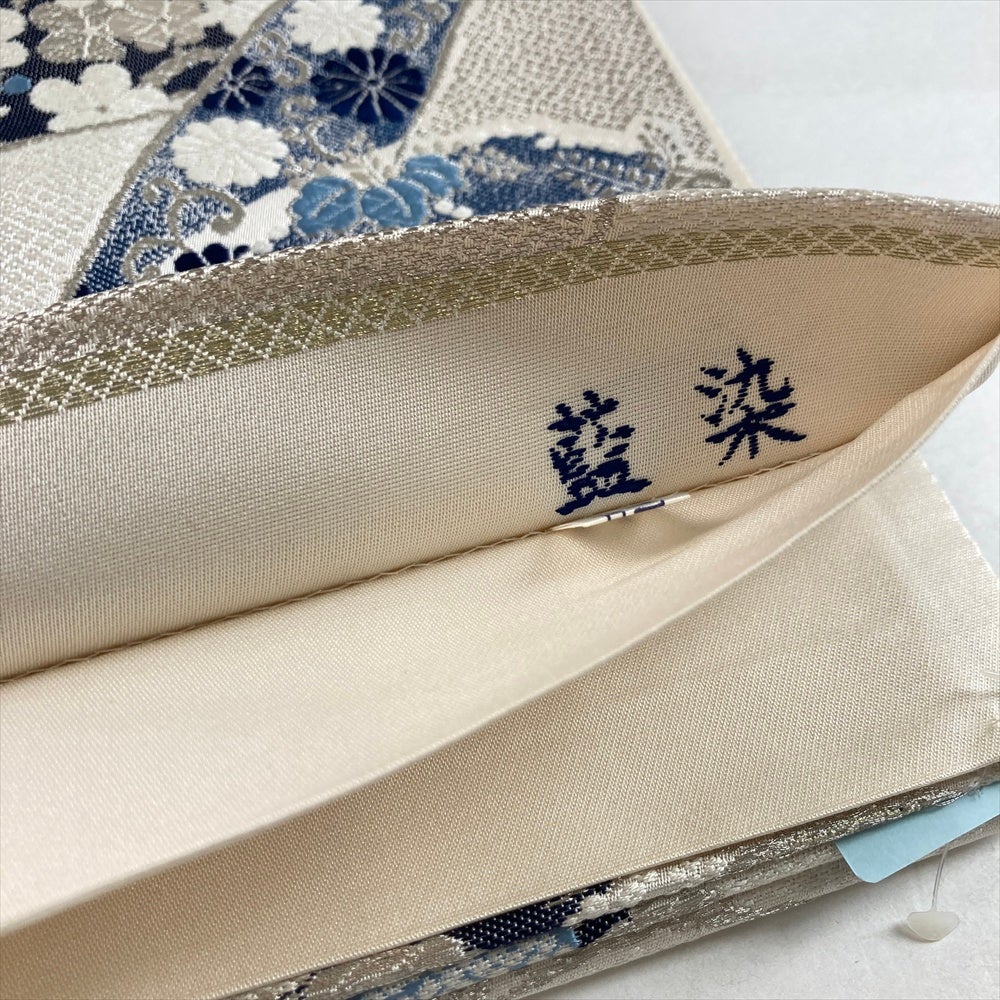 中古）袋帯 白 セミフォーマル 六通 織り 波 四季花 鹿の子 藍染 絹