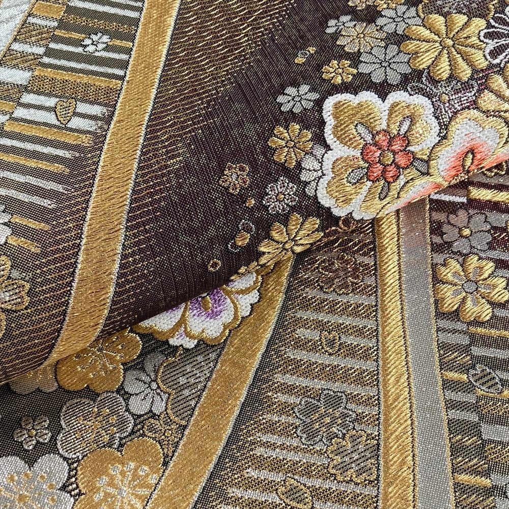 中古）袋帯 茶 金 フォーマル 六通 織り 花 桜 曲線 絹
