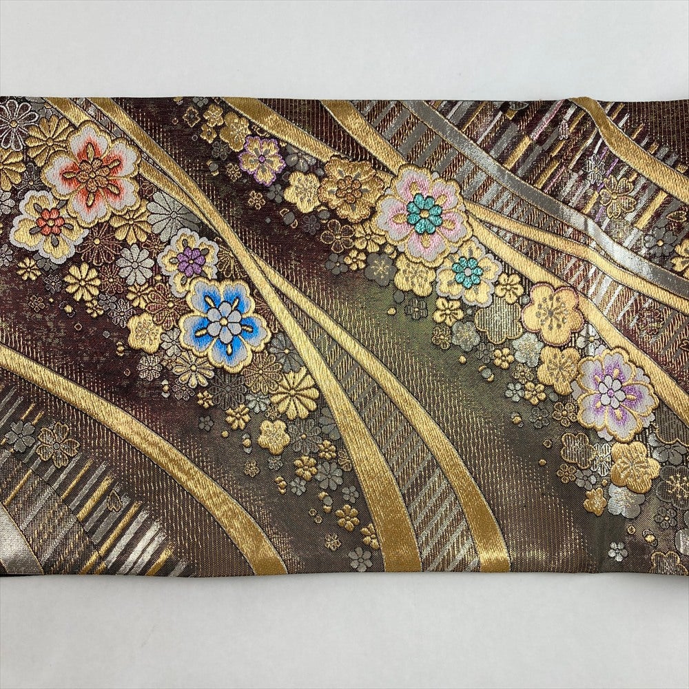 中古）袋帯 茶 金 フォーマル 六通 織り 花 桜 曲線 絹