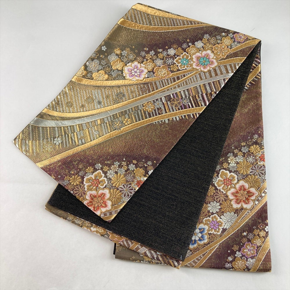 中古）袋帯 茶 金 フォーマル 六通 織り 花 桜 曲線 絹