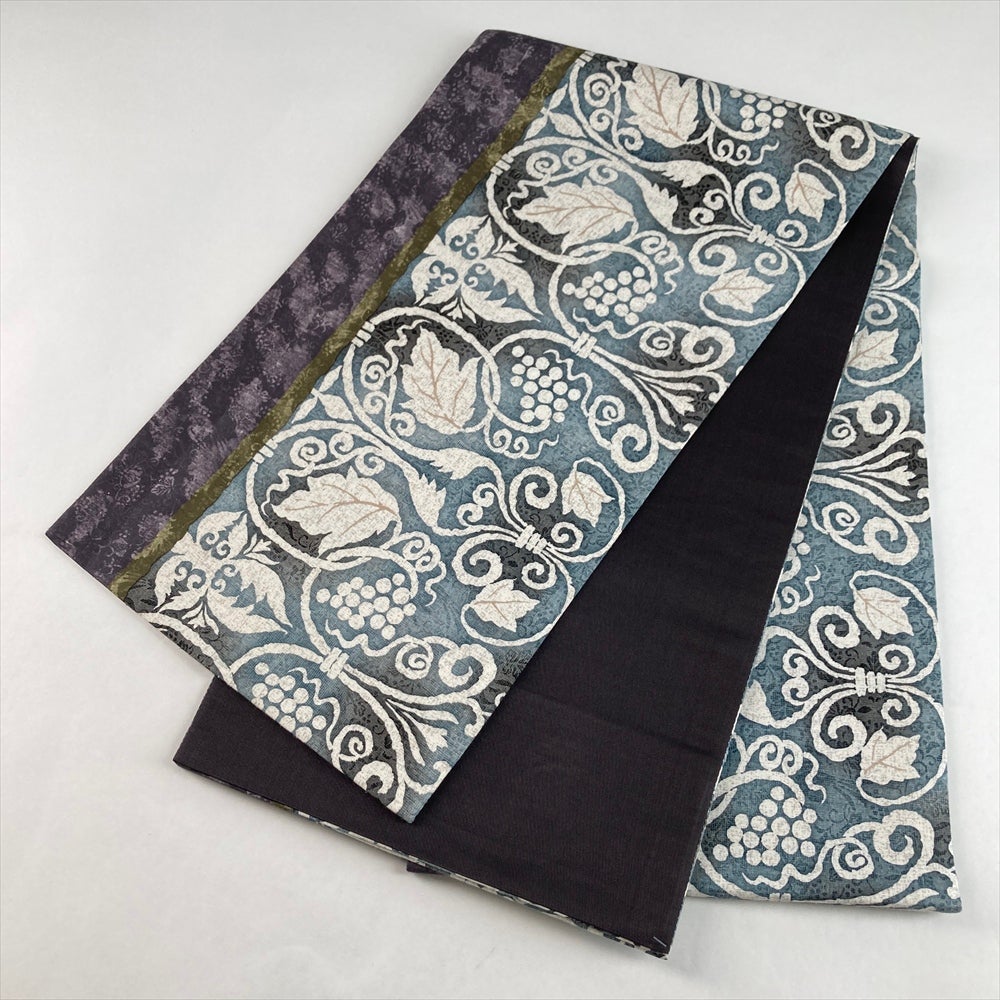 中古）袋帯 水色 カジュアル 全通 染め 葡萄唐草模様 絹