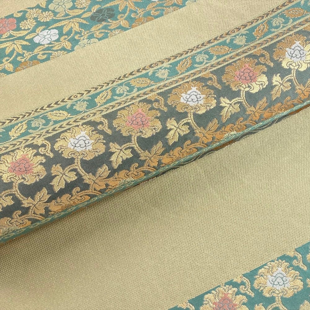 7375 未使用品　袋帯 正絹 六通 訪問着 色無地　付下　竹林　青　紫　緑 中古）袋帯 木蘭色 薄黄緑 セミフォーマル 六通 織り 横段 唐草花 兎