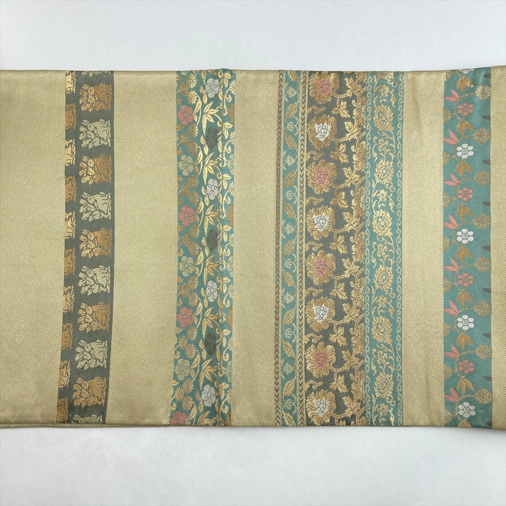 中古）袋帯 木蘭色 薄黄緑 セミフォーマル 六通 織り 横段 唐草花 兎