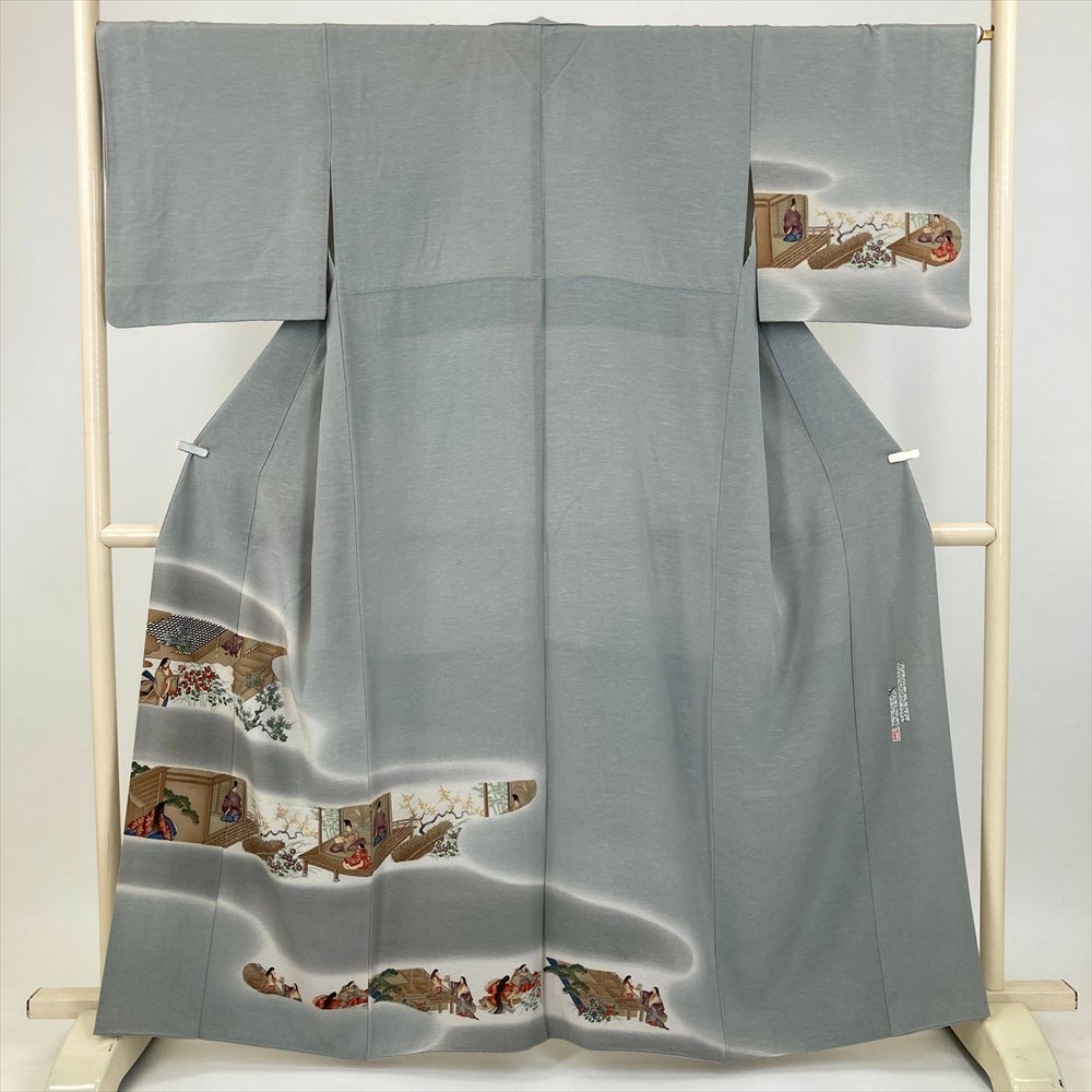 中古）訪問着 フォーマル 黒 袷 よろけ縞 古典柄 草花 S【身丈】156.5