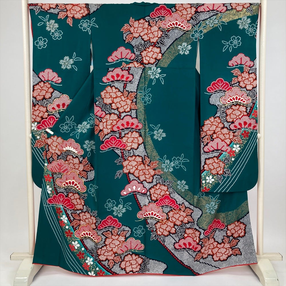 中古）振袖 オレンジ フォーマル 金駒刺繍 地紋織り ぼかし染め 牡丹