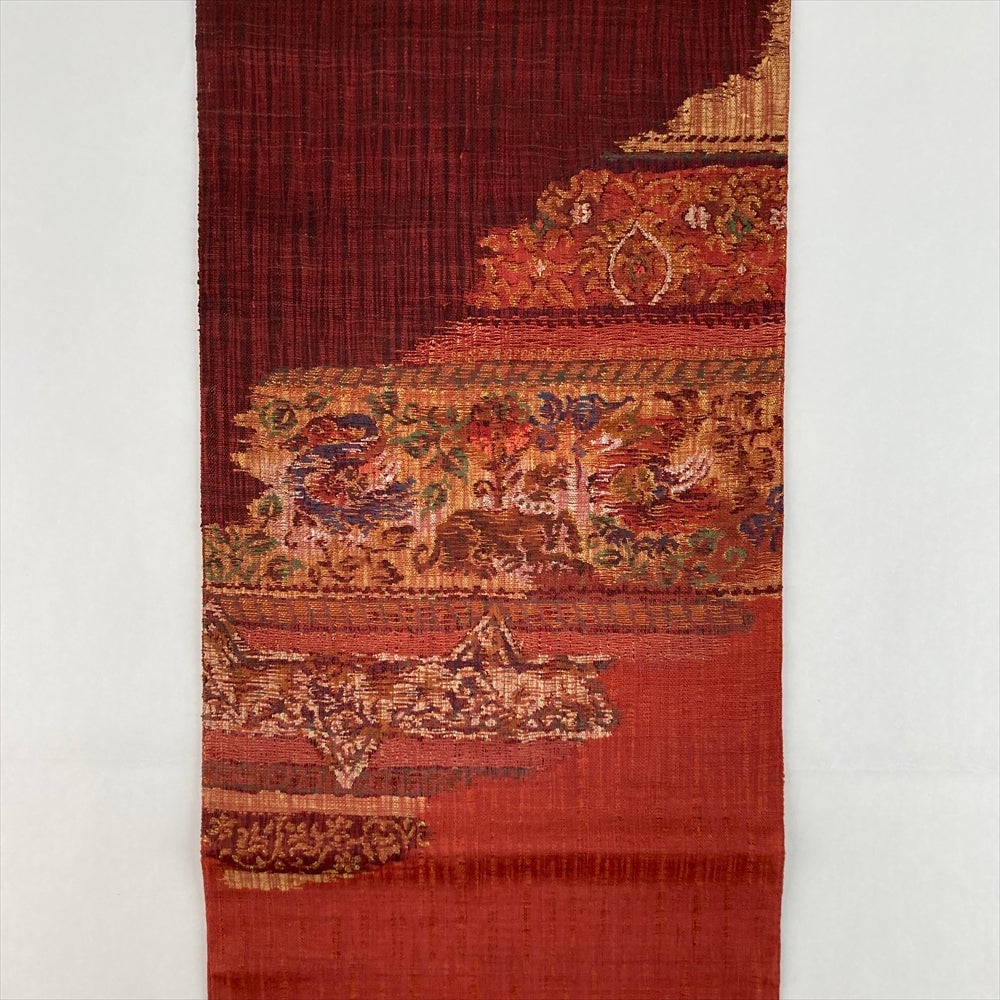 AA130袋帯 大太鼓 金銀糸　エジプトの壁画模様 中古）袋帯 朱赤 カジュアル お太鼓柄 織り 壁画調 動物 渡文 絹
