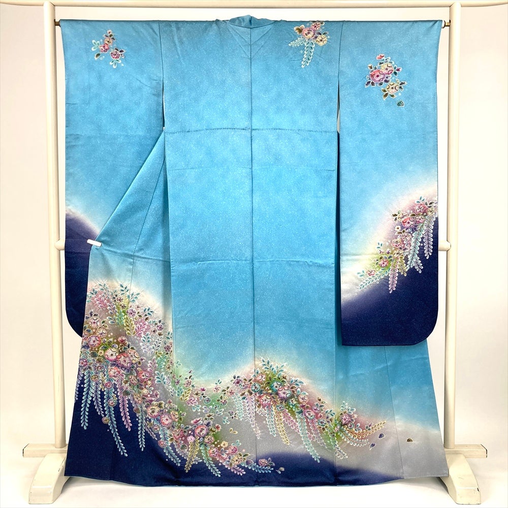中古）振袖 水色 たたき染め 睡蓮 秋山庄太郎 袷 M【身丈】161.5cm【裄