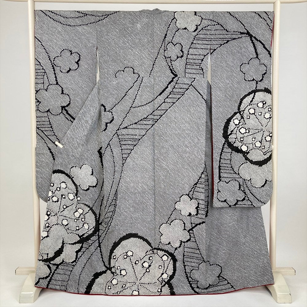 中古） 振袖 黒色 フォーマル 金通しぼかし染め 金彩 辻が花 袷 絹
