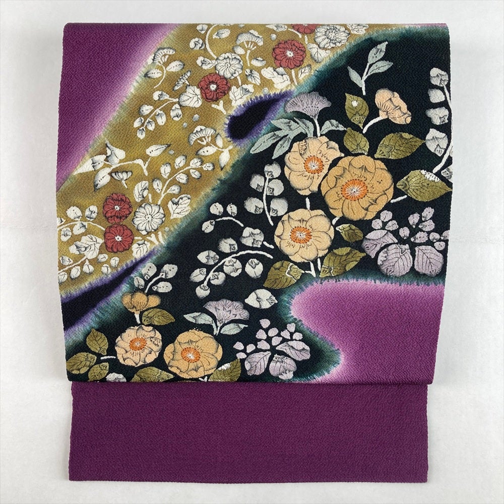 中古）名古屋帯 銀 カジュアル 松葉仕立て 織り 刺繍 紅葉 流水 絹