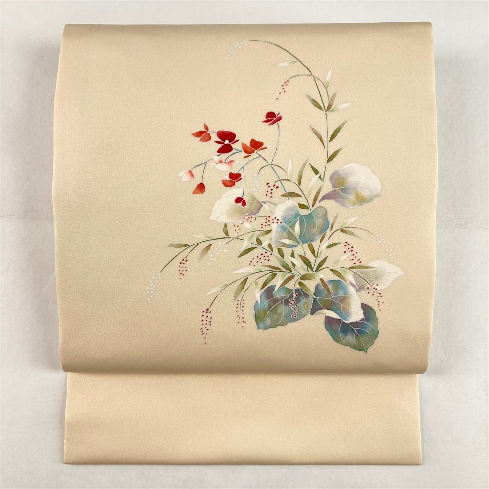 中古）名古屋帯 銀 カジュアル 松葉仕立て 織り 刺繍 紅葉 流水 絹