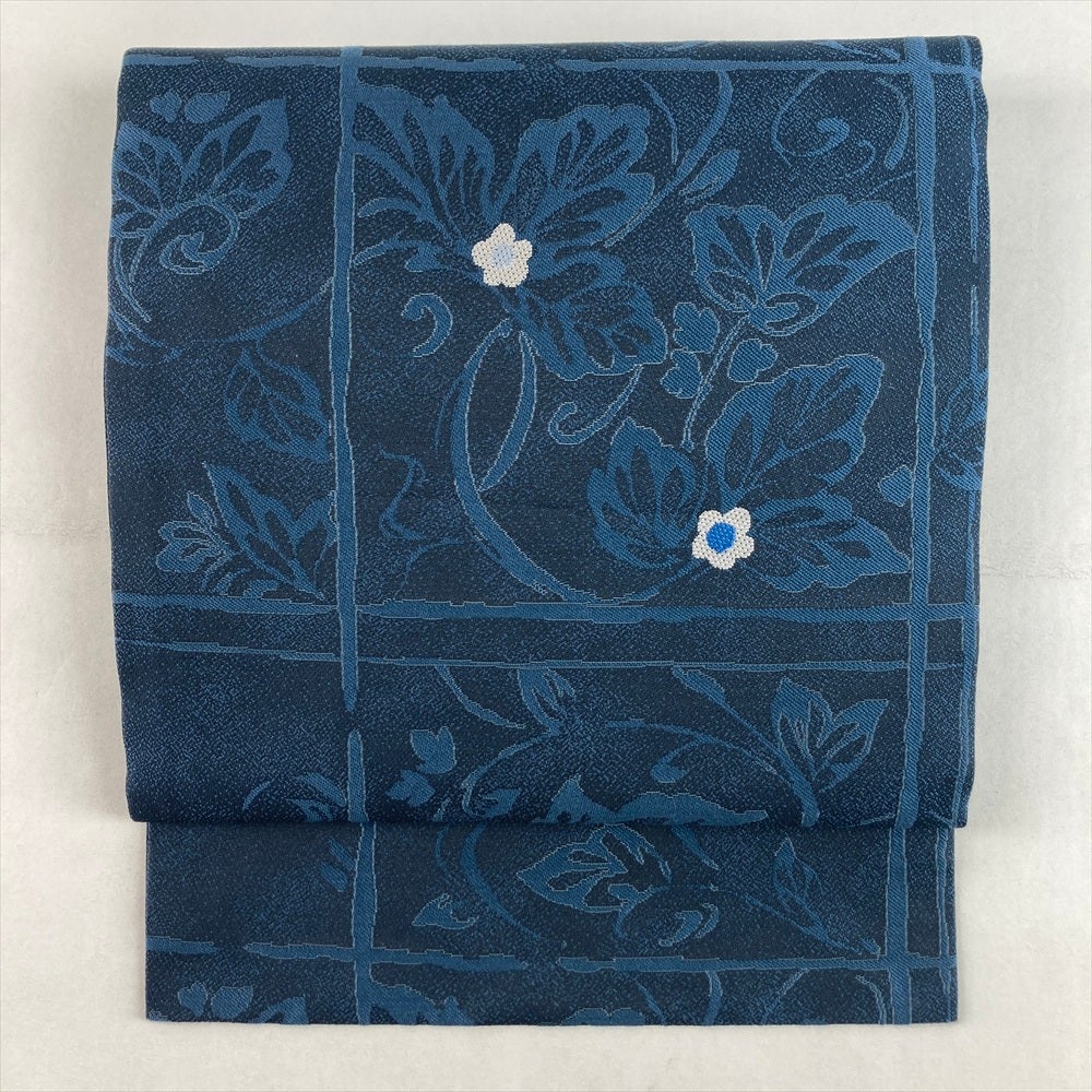 中古）名古屋帯 銀 カジュアル 松葉仕立て 織り 刺繍 紅葉 流水 絹