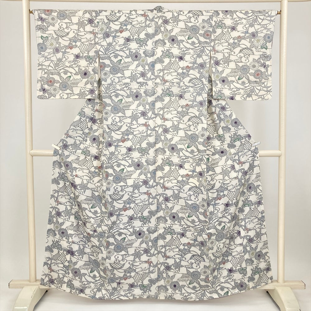 中古） 単衣紬 緑 カジュアル 菊亀甲 単衣【身丈】149.5cm【裄丈】62.5cm