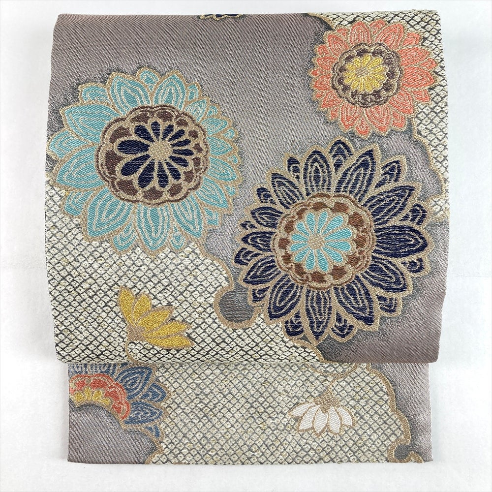 中古）袋帯 焦げ茶色 セミフォーマル 六通 金糸 流水 菊花 絹